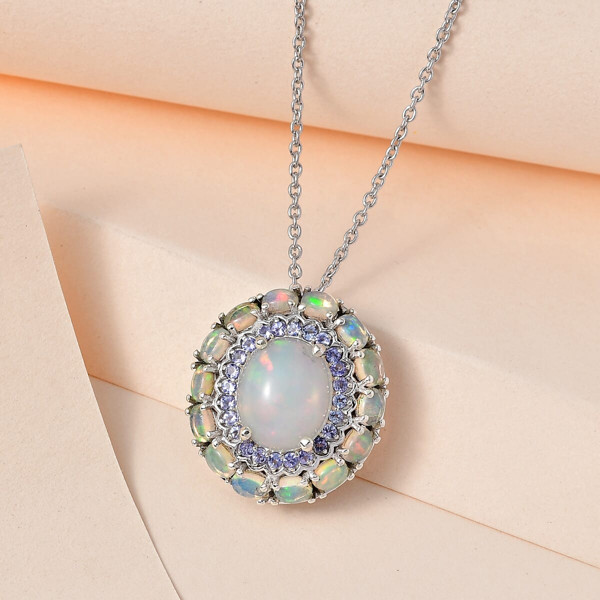 TLV Premium Ethiopian Welo Opal, Tanzanite Cocktail Pendant Necklace (20 Inches) in Platinum Over Sterling Silver 5.20 Carat Total Weight image number 1