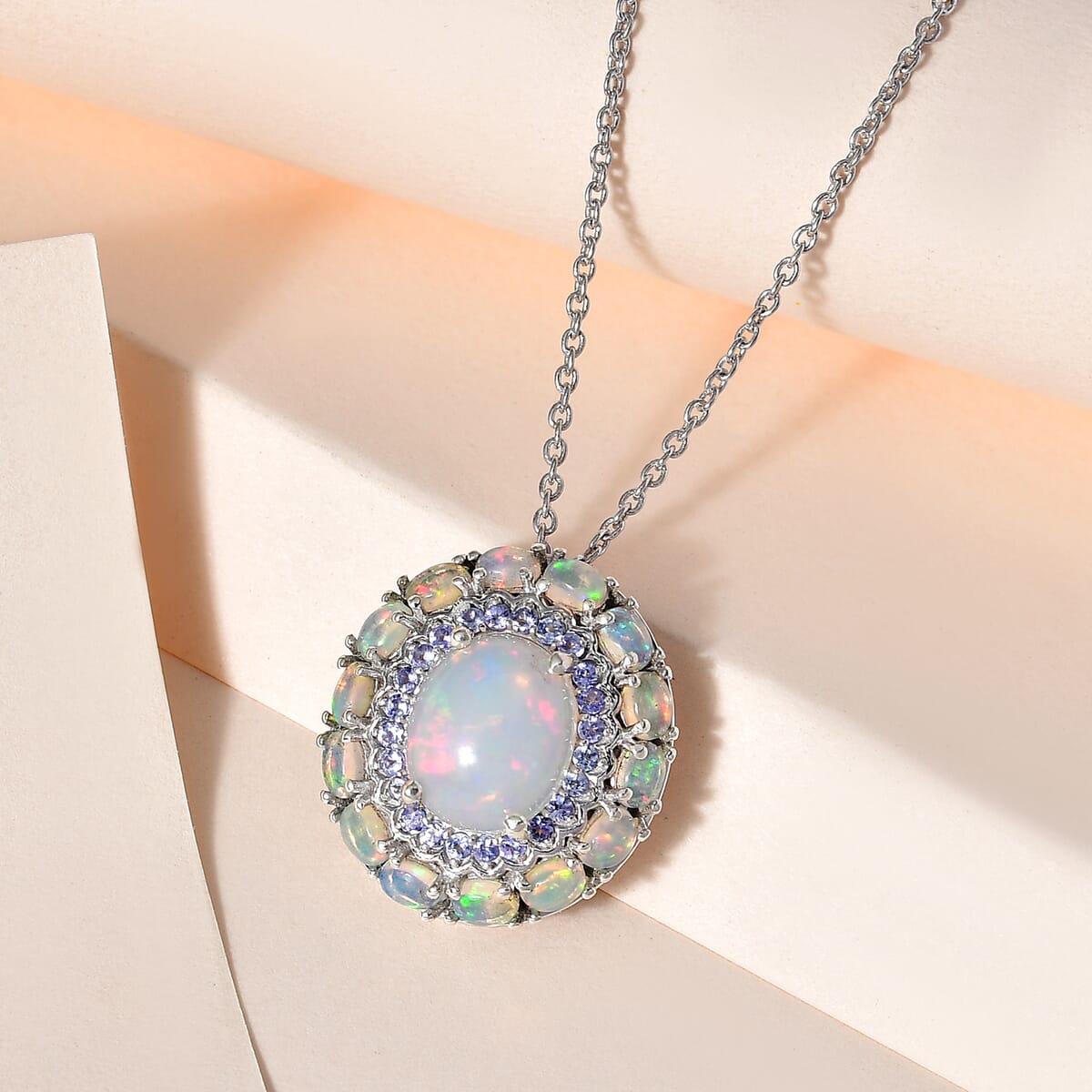 TLV Premium Ethiopian Welo Opal, Tanzanite Cocktail Pendant Necklace (20 Inches) in Platinum Over Sterling Silver 5.20 Carat Total Weight image number 2