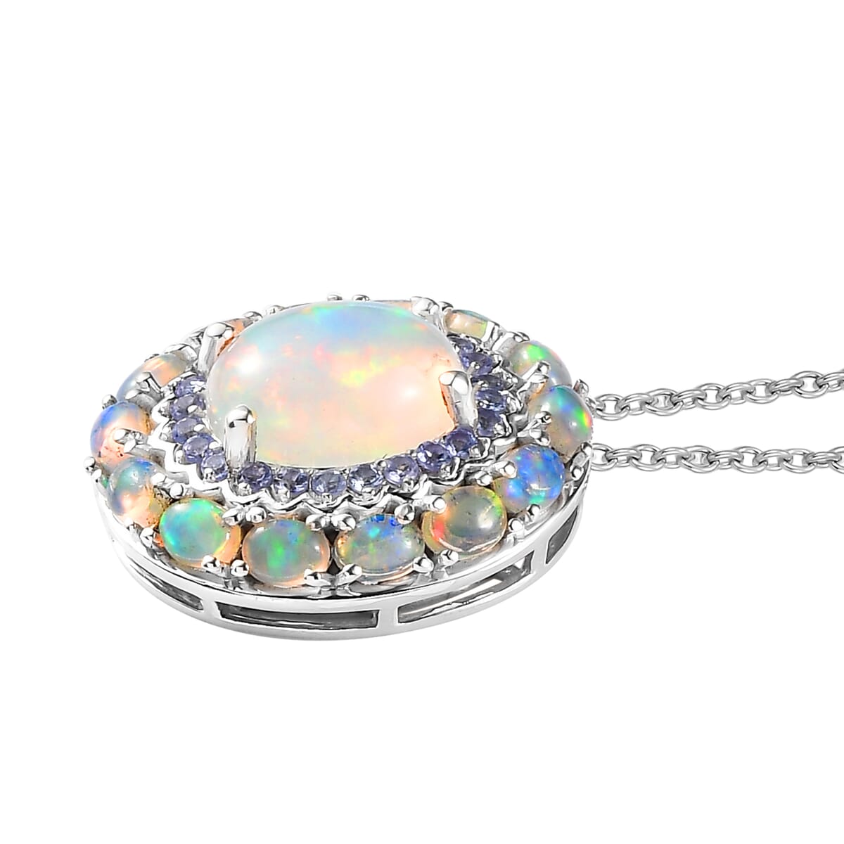 TLV Premium Ethiopian Welo Opal, Tanzanite Cocktail Pendant Necklace (20 Inches) in Platinum Over Sterling Silver 5.20 Carat Total Weight image number 3