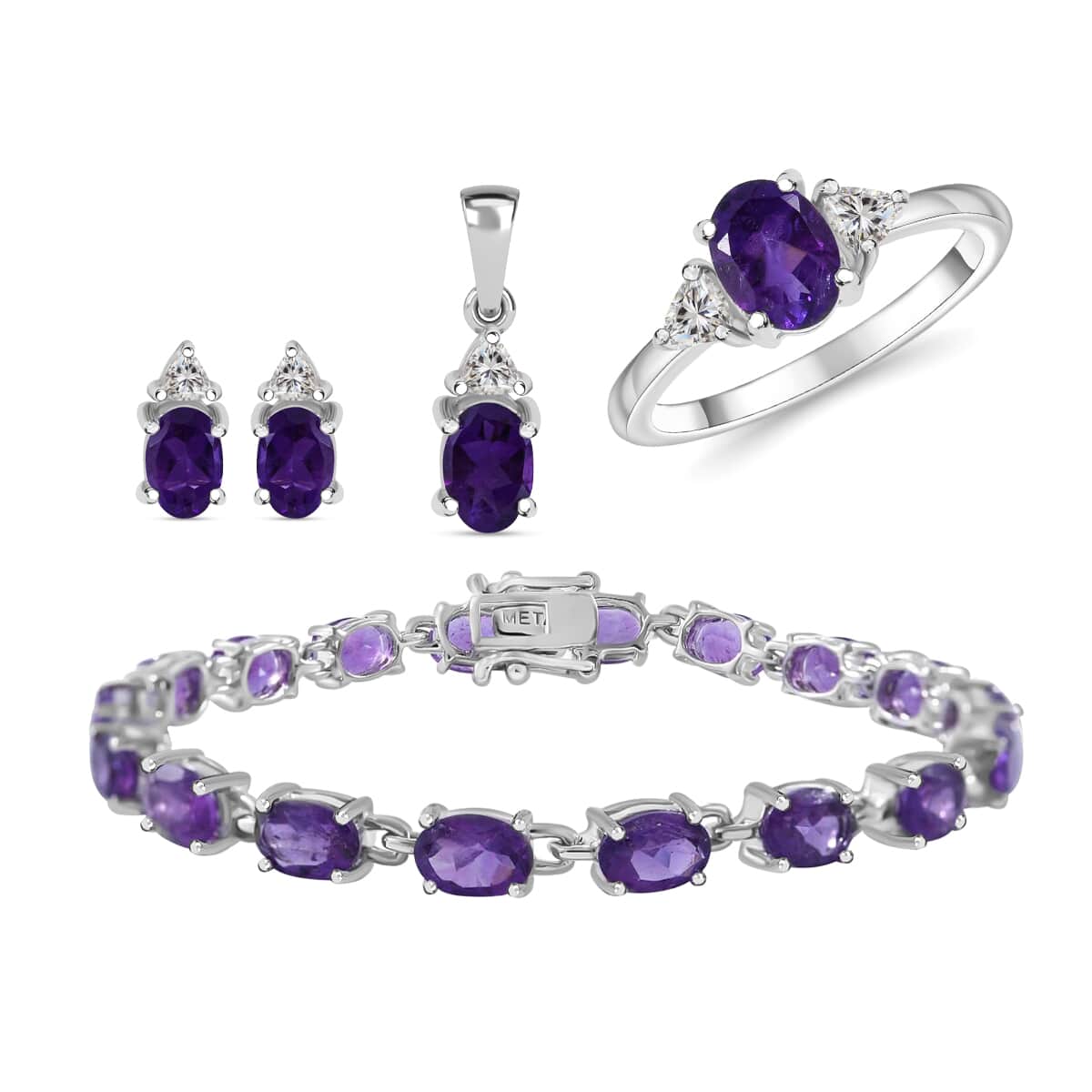 Doorbuster Amethyst, White Topaz Ring (Size 5.0), Earrings, Bracelet (7.25In) and Pendant in Platinum Over Sterling Silver 16.65 ctw image number 0