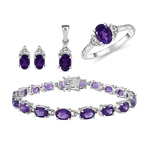 Amethyst, White Topaz 3 Stone Ring (Size 7.0), Stud Earrings, Bracelet (7.25In) and Pendant in Platinum Over Sterling Silver 16.65 ctw