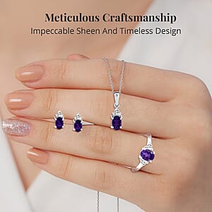 Amethyst, White Topaz 3 Stone Ring (Size 7.0), Stud Earrings, Bracelet (7.25In) and Pendant in Platinum Over Sterling Silver 16.65 ctw