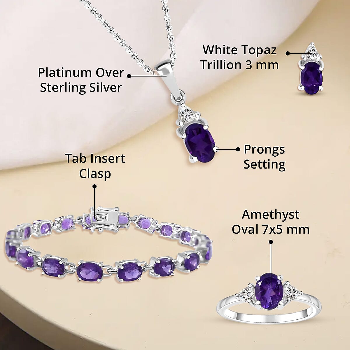 Amethyst, White Topaz 3 Stone Ring (Size 7.0), Stud Earrings, Bracelet (7.25In) and Pendant in Platinum Over Sterling Silver 16.65 ctw image number 5