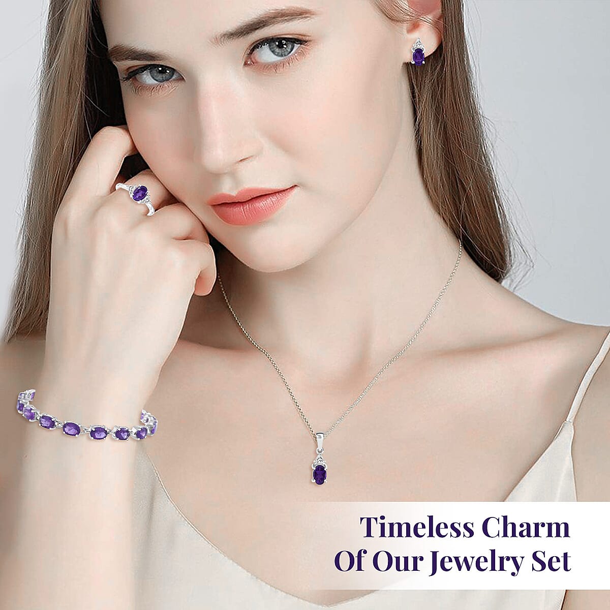 Doorbuster African Amethyst, White Topaz Ring , Earrings, Bracelet (7.25In) and Pendant in Platinum Over Sterling Silver 18.35 ctw image number 1