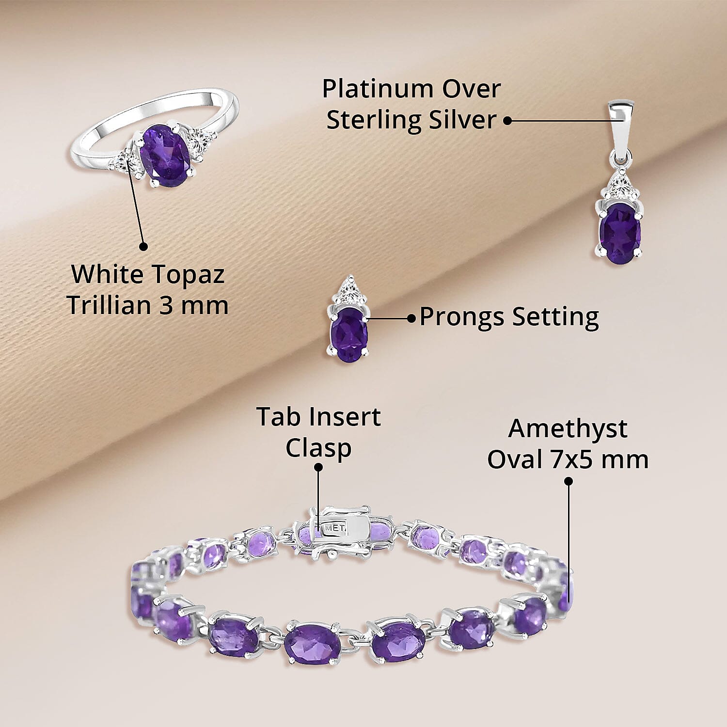 Amethyst, White Topaz 3 Stone Ring (Size 8.00), Stud Earrings, Bracelet (7.25In) and Pendant in Platinum Over Sterling Silver 16.65 ctw