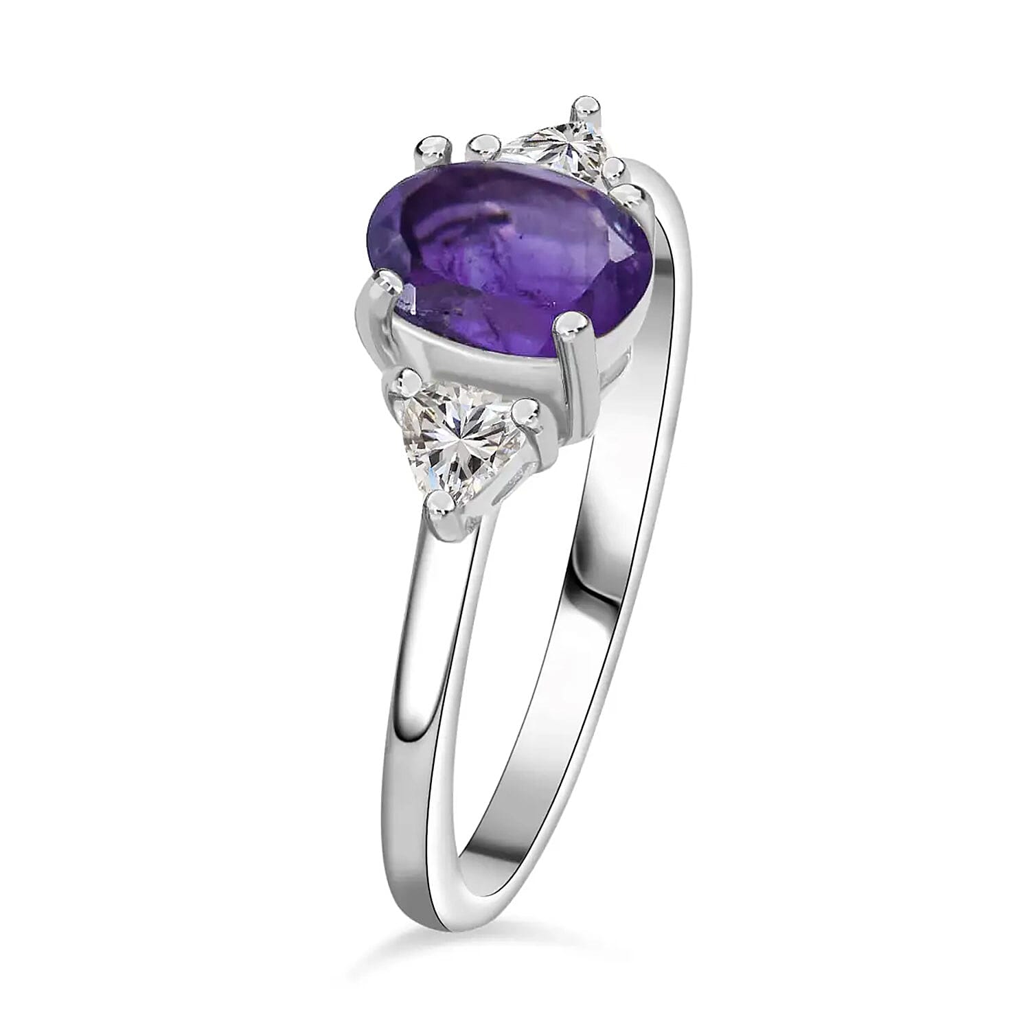Amethyst, White Topaz 3 Stone Ring (Size 8.00), Stud Earrings, Bracelet (7.25In) and Pendant in Platinum Over Sterling Silver 16.65 ctw