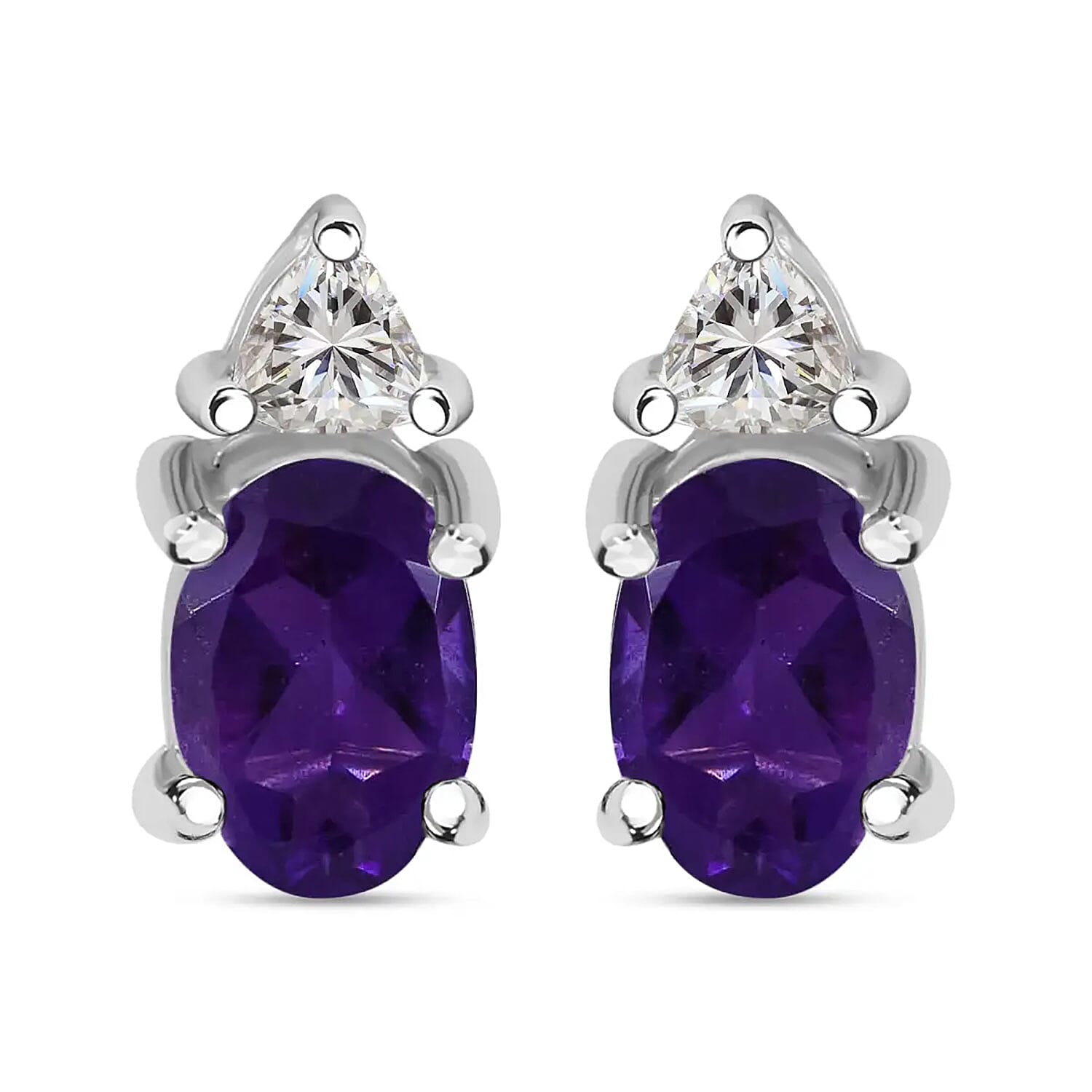 Amethyst, White Topaz 3 Stone Ring (Size 8.00), Stud Earrings, Bracelet (7.25In) and Pendant in Platinum Over Sterling Silver 16.65 ctw