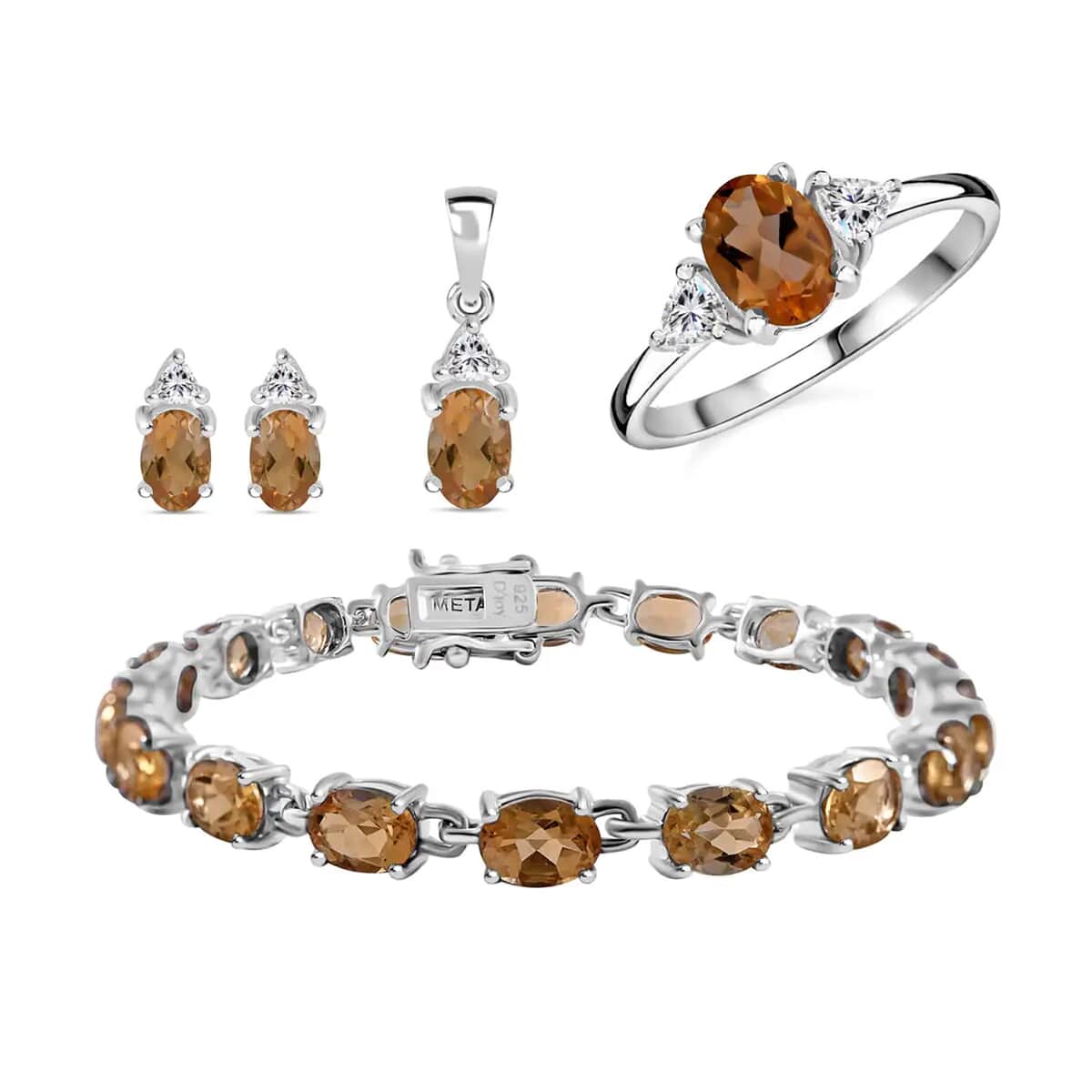 Brazilian Citrine, White Topaz 3 Stone Ring (Size 6.0), Stud Earrings, Bracelet (7.25In) and Pendant in Platinum Over Sterling Silver 16.65 ctw image number 0