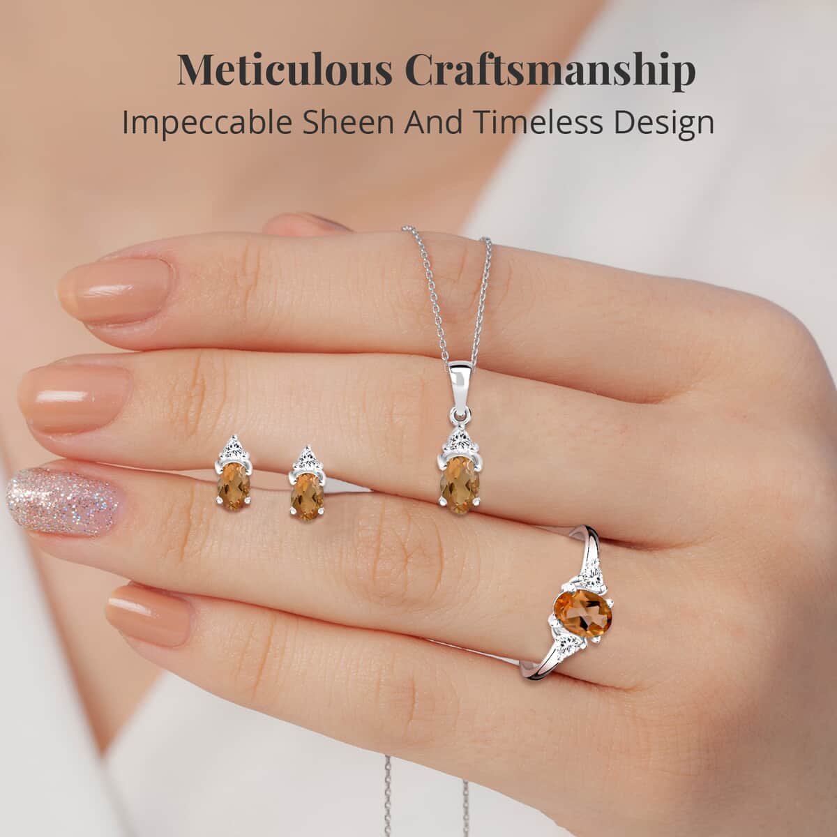 Brazilian Citrine, White Topaz 3 Stone Ring (Size 6.0), Stud Earrings, Bracelet (7.25In) and Pendant in Platinum Over Sterling Silver 16.65 ctw image number 2