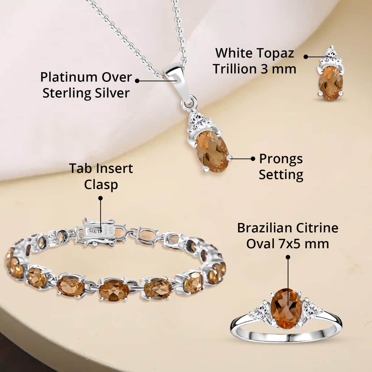 Brazilian Citrine, White Topaz 3 Stone Ring (Size 6.0), Stud Earrings, Bracelet (7.25In) and Pendant in Platinum Over Sterling Silver 16.65 ctw image number 4