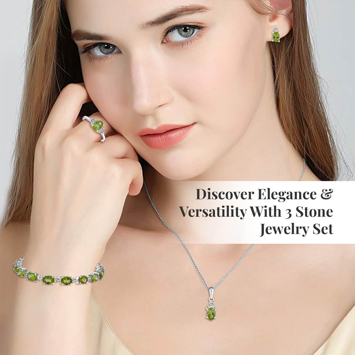 Peridot, White Topaz 3 Stone Ring (Size 5.0), Stud Earrings, Bracelet (7.25In) and Pendant in Platinum Over Sterling Silver 18.85 ctw image number 1