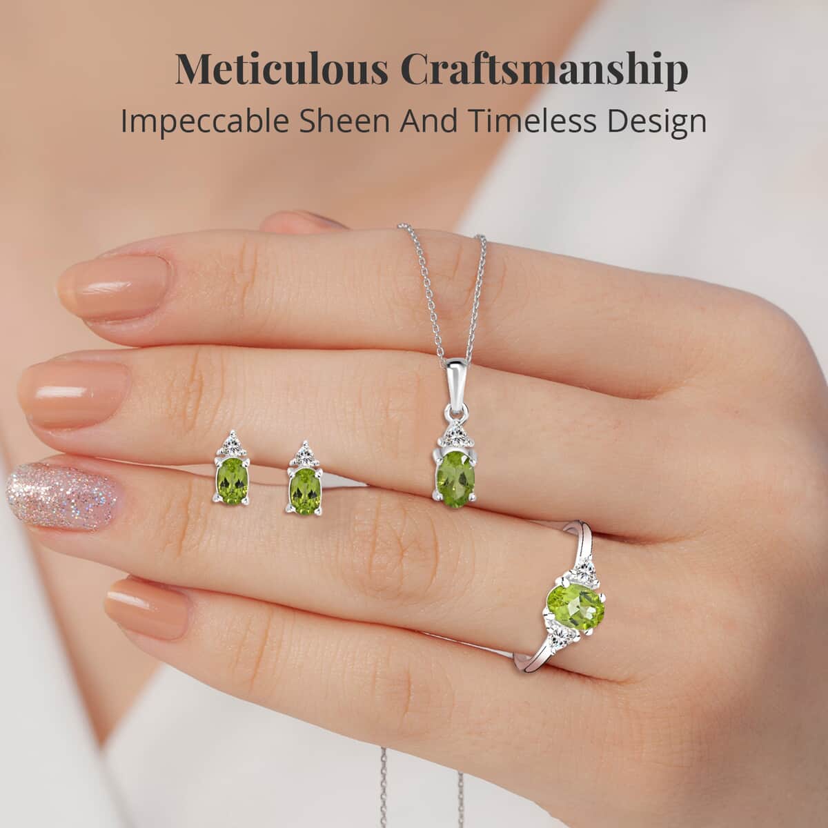 Peridot, White Topaz 3 Stone Ring (Size 5.0), Stud Earrings, Bracelet (7.25In) and Pendant in Platinum Over Sterling Silver 18.85 ctw image number 2