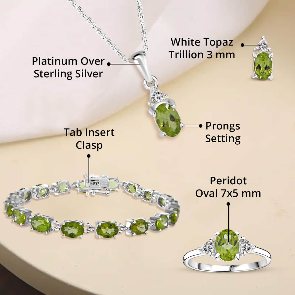Peridot, White Topaz 3 Stone Ring (Size 5.0), Stud Earrings, Bracelet (7.25In) and Pendant in Platinum Over Sterling Silver 18.85 ctw image number 4