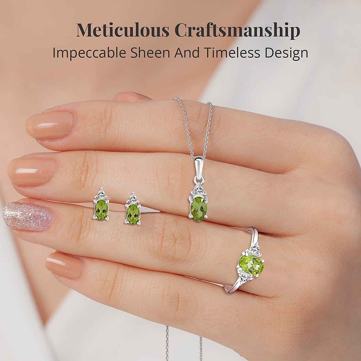 Peridot, White Topaz 3 Stone Ring (Size 7.0), Stud Earrings, Bracelet (7.25In) and Pendant in Platinum Over Sterling Silver 18.85 ctw image number 2