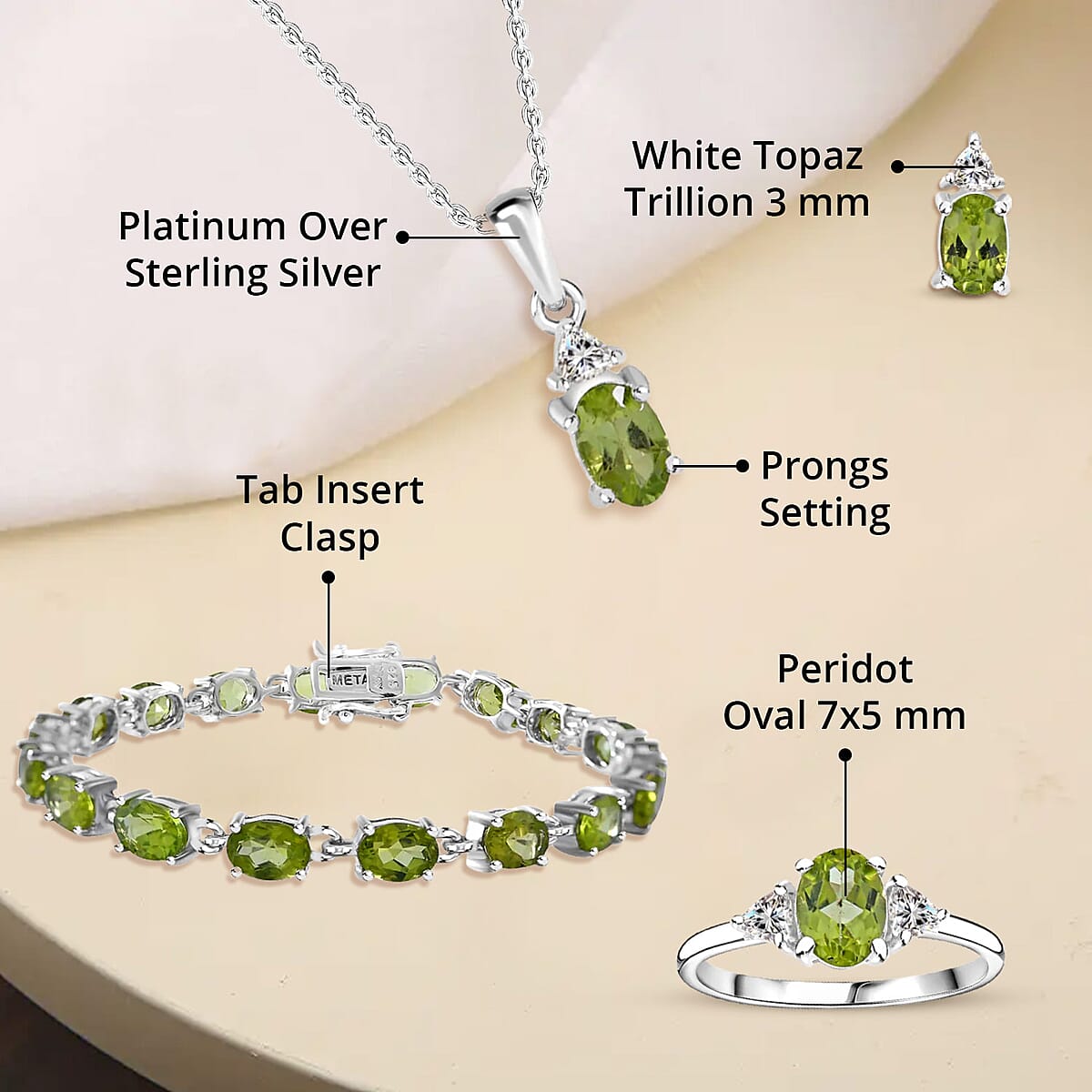 Peridot, White Topaz 3 Stone Ring (Size 7.0), Stud Earrings, Bracelet (7.25In) and Pendant in Platinum Over Sterling Silver 18.85 ctw image number 4