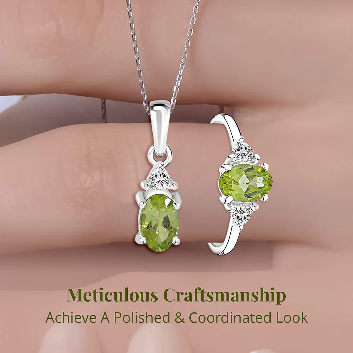 Peridot, White Topaz 3 Stone Ring (Size 8.00), Stud Earrings, Bracelet (7.25In) and Pendant in Platinum Over Sterling Silver 18.85 ctw image number 2