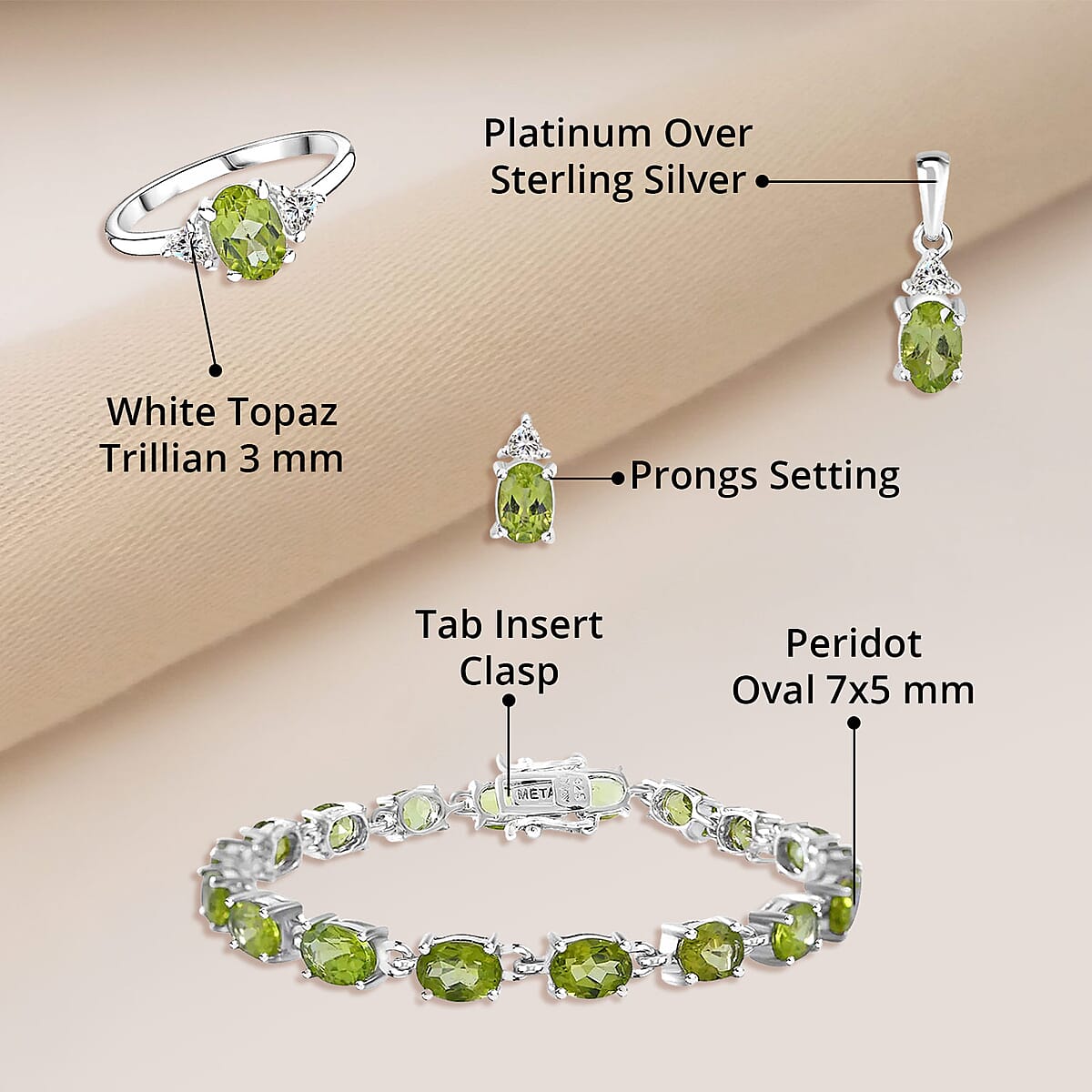 Peridot, White Topaz 3 Stone Ring (Size 8.00), Stud Earrings, Bracelet (7.25In) and Pendant in Platinum Over Sterling Silver 18.85 ctw image number 4