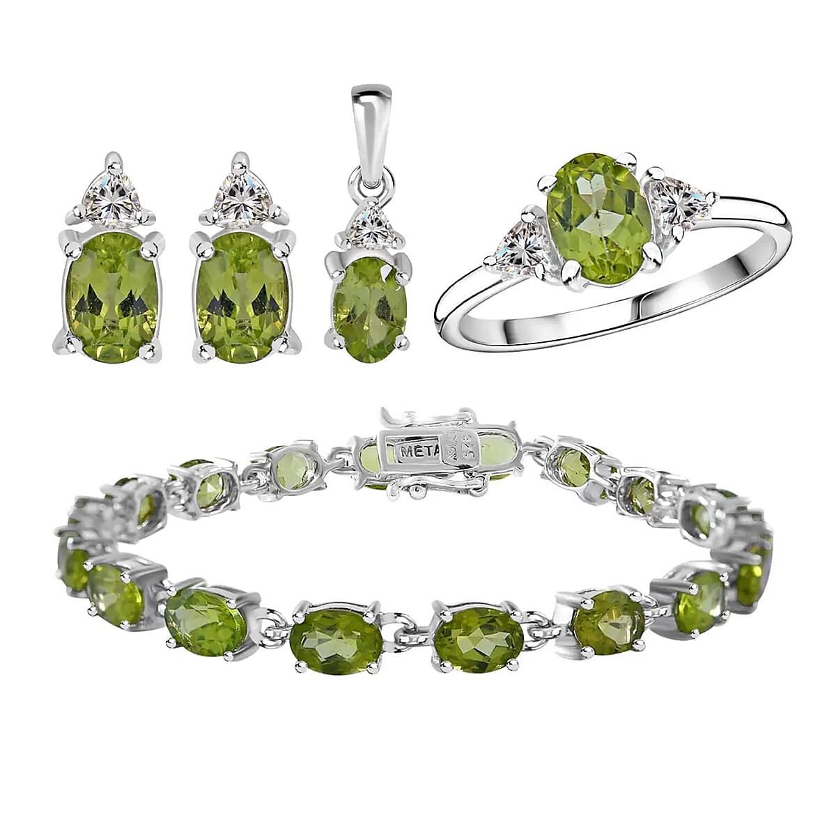 Peridot, White Topaz 3 Stone Ring (Size 9.0), Stud Earrings, Bracelet (7.25In) and Pendant in Platinum Over Sterling Silver 18.85 ctw image number 0