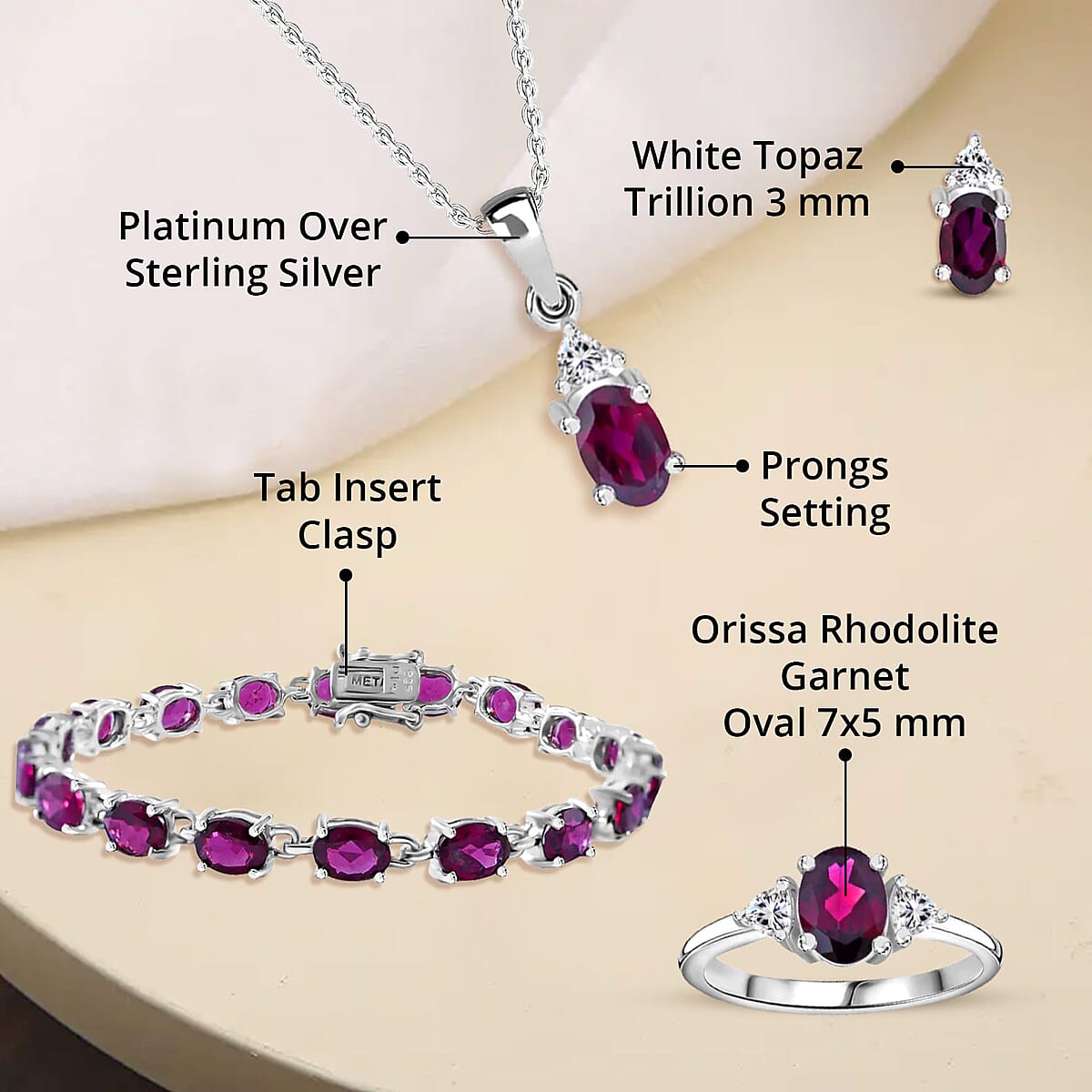 Orissa Rhodolite Garnet, White Topaz 3 Stone Ring (Size 5.00), Stud Earrings, Bracelet (7.25In) and Pendant in Platinum Over Sterling Silver 21.50 ctw image number 4