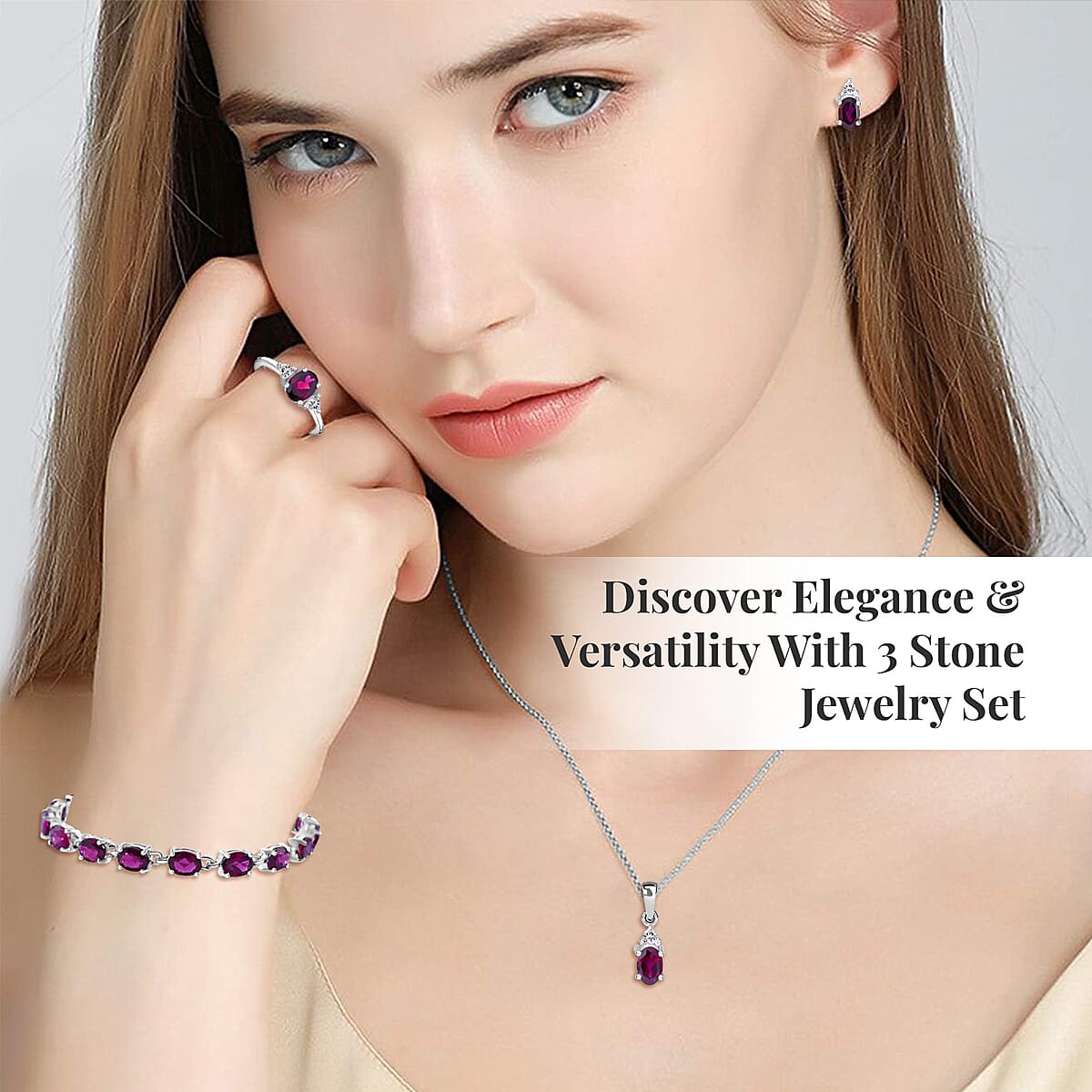Orissa Rhodolite Garnet, White Topaz 3 Stone Ring (Size 10.0), Stud Earrings, Bracelet (7.25In) and Pendant in Platinum Over Sterling Silver 21.50 ctw image number 1