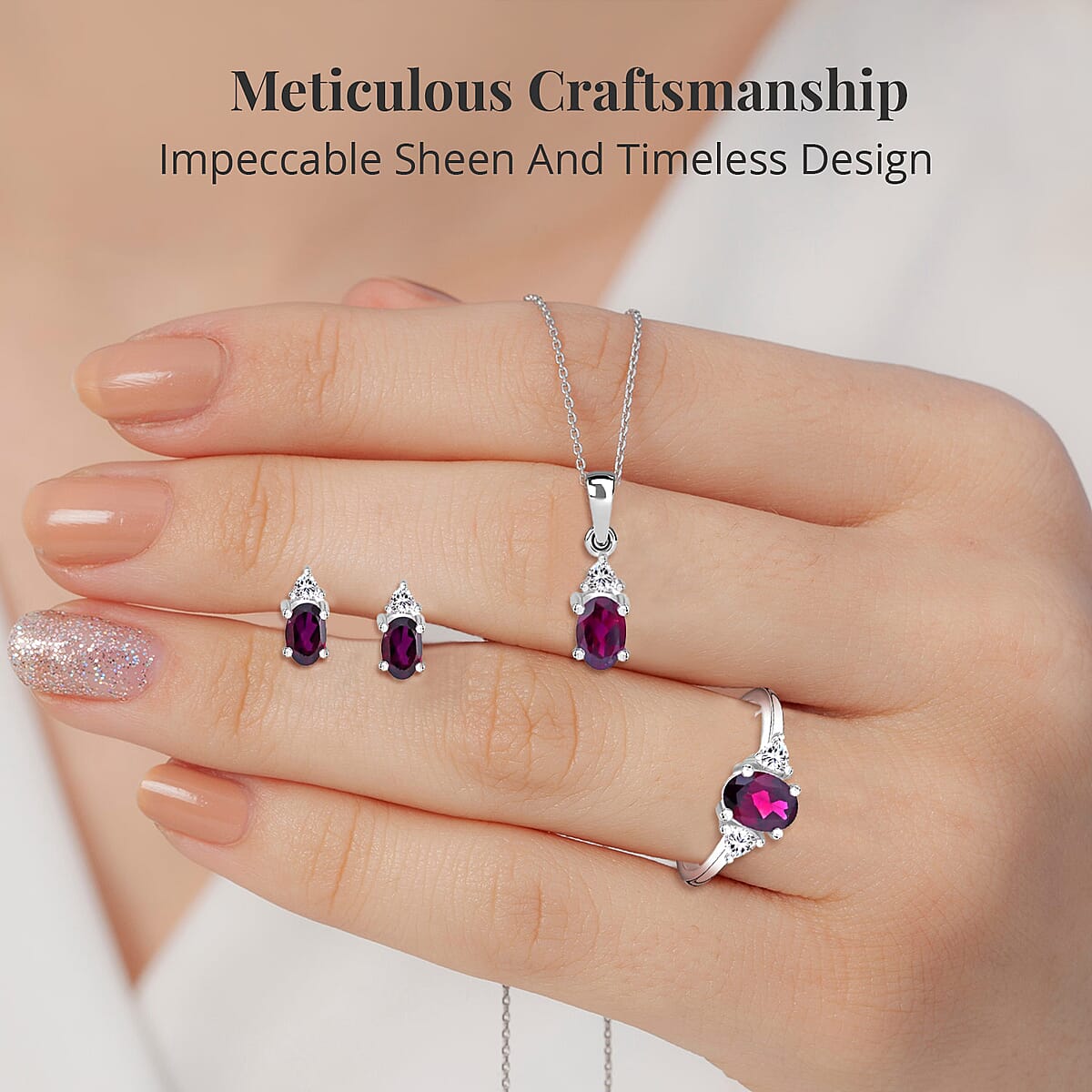 Orissa Rhodolite Garnet, White Topaz 3 Stone Ring (Size 10.0), Stud Earrings, Bracelet (7.25In) and Pendant in Platinum Over Sterling Silver 21.50 ctw image number 2