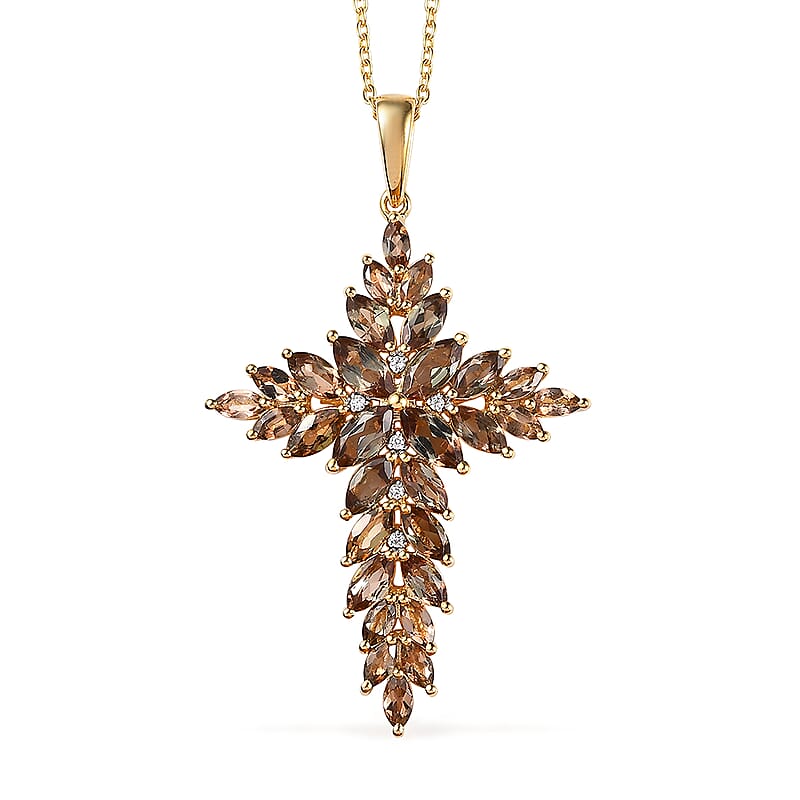 Premium Jenipapo Andalusite and White Zircon 5.90 ctw Pendant Necklace in 18K Vermeil Yellow Gold Over Sterling Silver 20 Inches