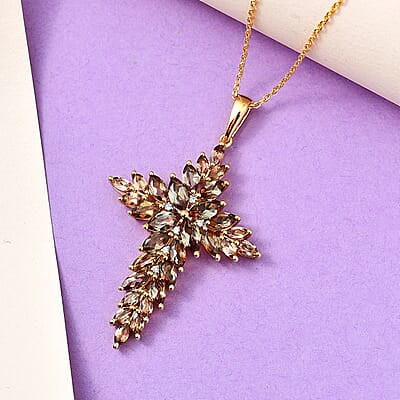 Premium Jenipapo Andalusite and White Zircon 5.90 ctw Pendant Necklace in 18K Vermeil Yellow Gold Over Sterling Silver 20 Inches