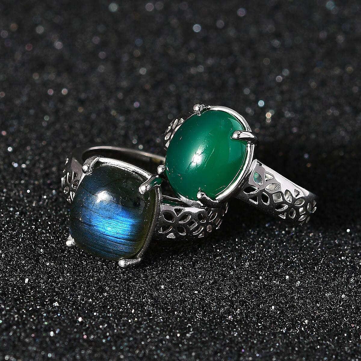 Karis Green Onyx and Malagasy Labradorite Set of 2 Solitaire Ring in Platinum Bond (Size 10.0) 8.60 ctw image number 2