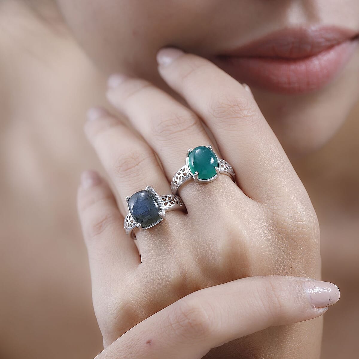 Karis Green Onyx and Malagasy Labradorite Set of 2 Solitaire Ring in Platinum Bond (Size 10.0) 8.60 ctw image number 3