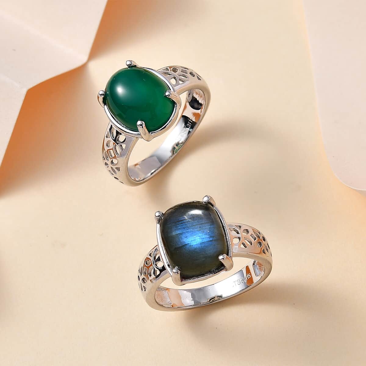 Karis Green Onyx and Malagasy Labradorite Set of 2 Solitaire Ring in Platinum Bond (Size 11.0) 8.60 ctw image number 1