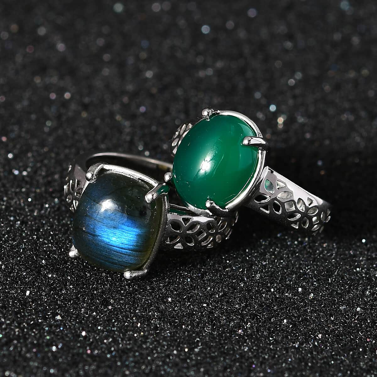 Karis Green Onyx and Malagasy Labradorite Set of 2 Solitaire Ring in Platinum Bond (Size 11.0) 8.60 ctw image number 2