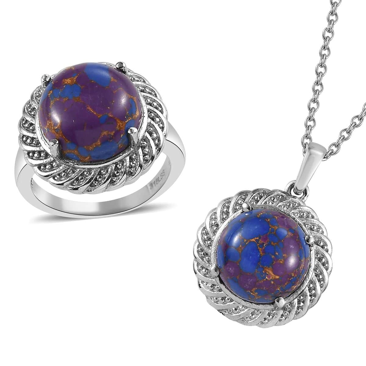 Mojave Purple Turquoise Ring (Size 7.0) and Pendant Necklace 20 Inches in Stainless Steel 12.40 ctw image number 0