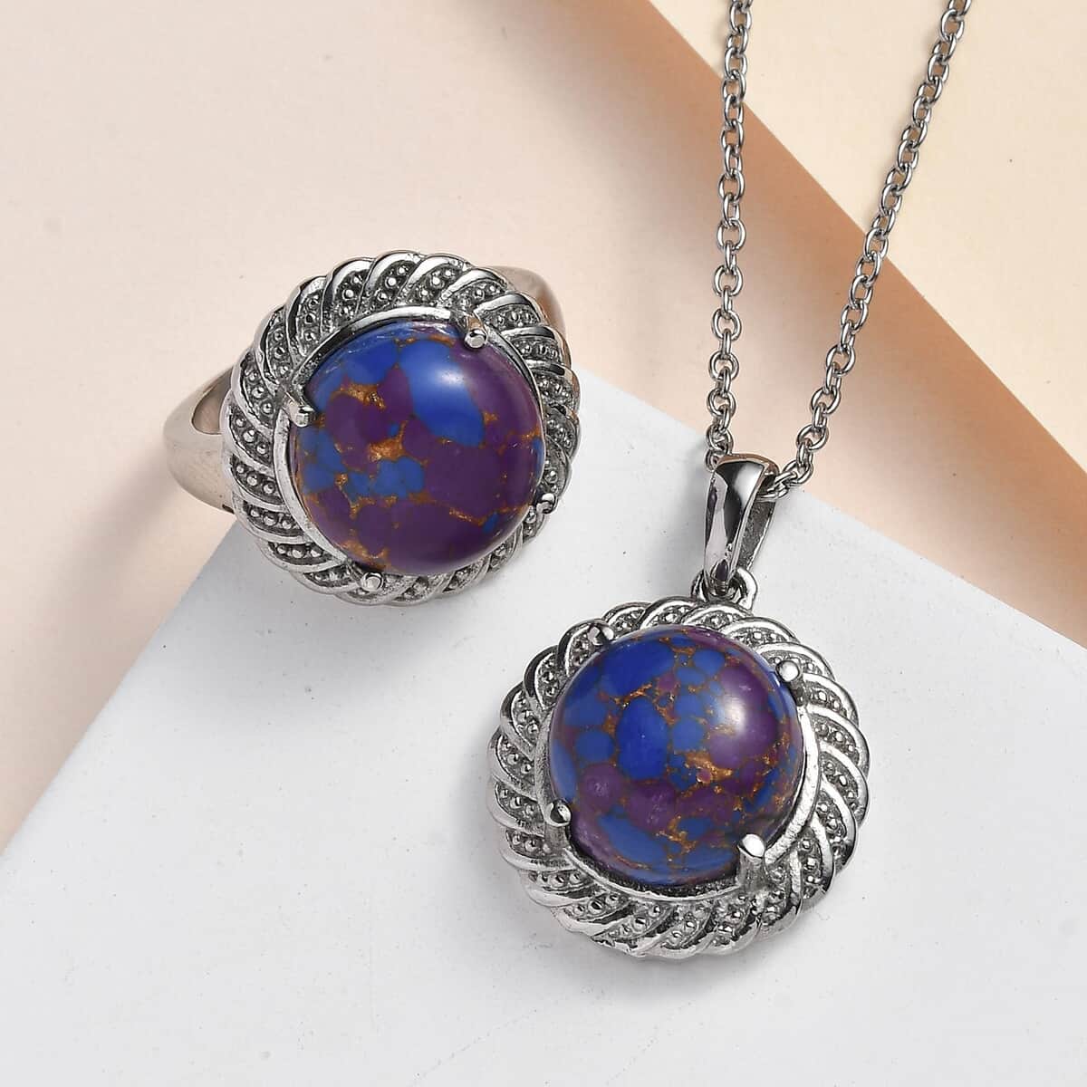 Mojave Purple Turquoise Ring (Size 7.0) and Pendant Necklace 20 Inches in Stainless Steel 12.40 ctw image number 1