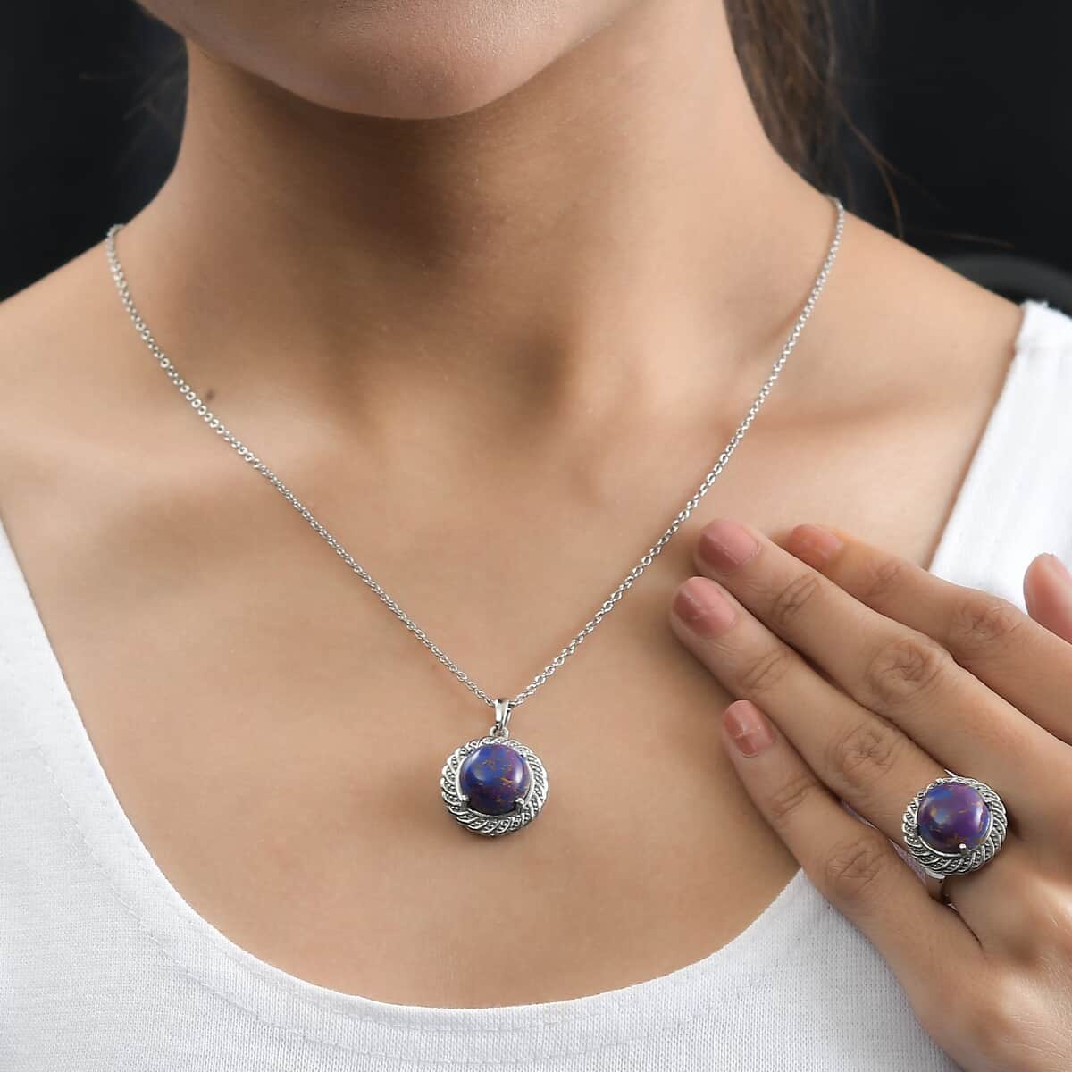 Mojave Purple Turquoise Ring (Size 7.0) and Pendant Necklace 20 Inches in Stainless Steel 12.40 ctw image number 2