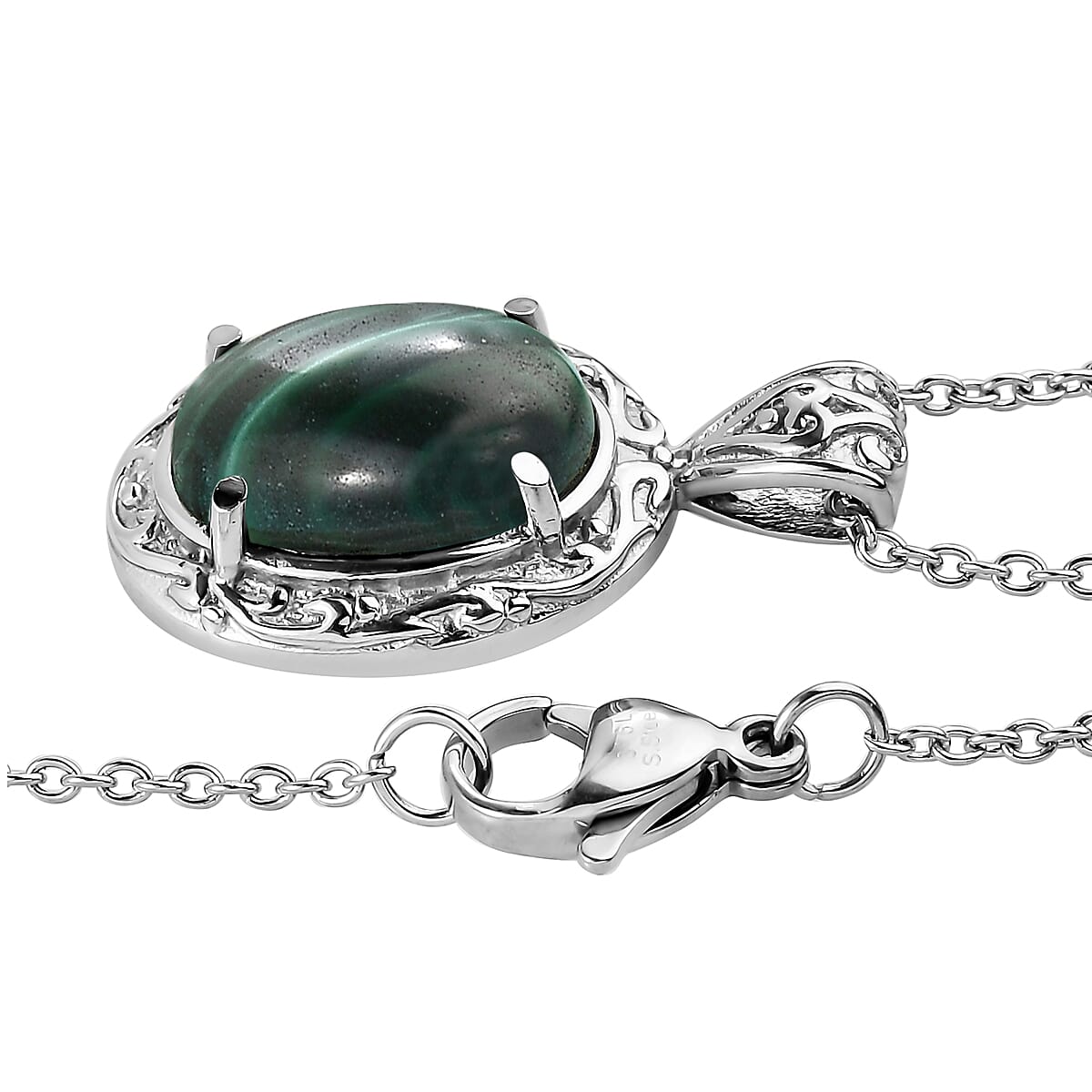 African Malachite Solitaire Ring (Size 5.0) and Pendant Necklace 20 Inches in Stainless Steel 14.50 ctw