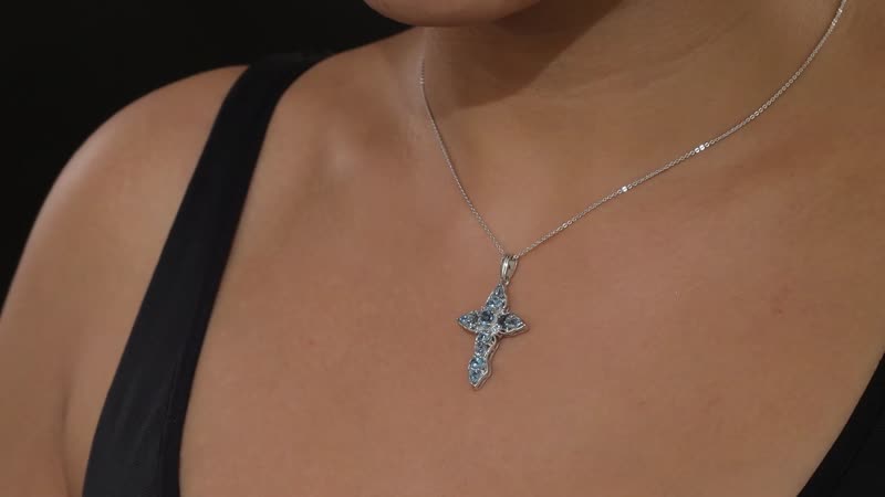 Santa Maria Aquamarine, White Zircon Cross Pendant Necklace (20 Inches) in Platinum Over Sterling Silver