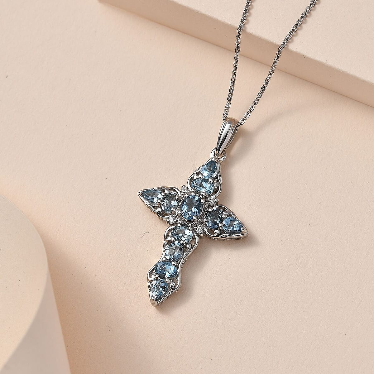Santa Maria Aquamarine, White Zircon Cross Pendant Necklace (20 Inches) in Platinum Over Sterling Silver image number 1