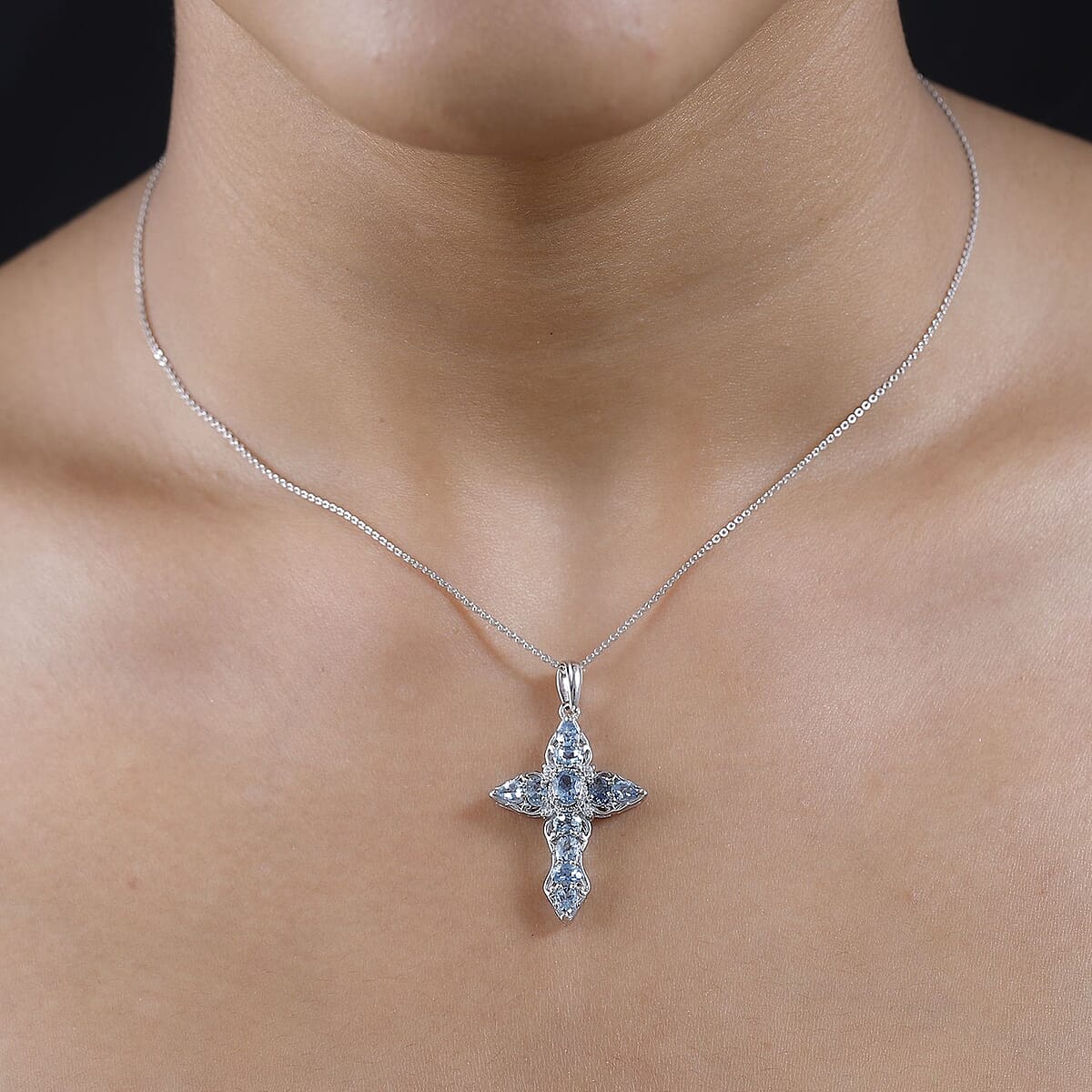 Santa Maria Aquamarine, White Zircon Cross Pendant Necklace (20 Inches) in Platinum Over Sterling Silver image number 2