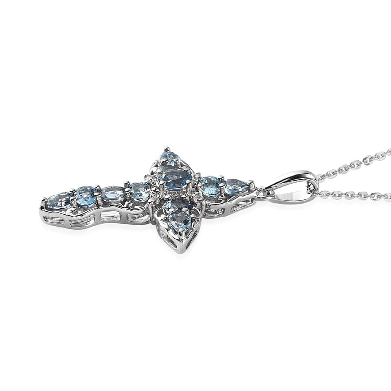 Santa Maria Aquamarine, White Zircon Cross Pendant Necklace (20 Inches) in Platinum Over Sterling Silver