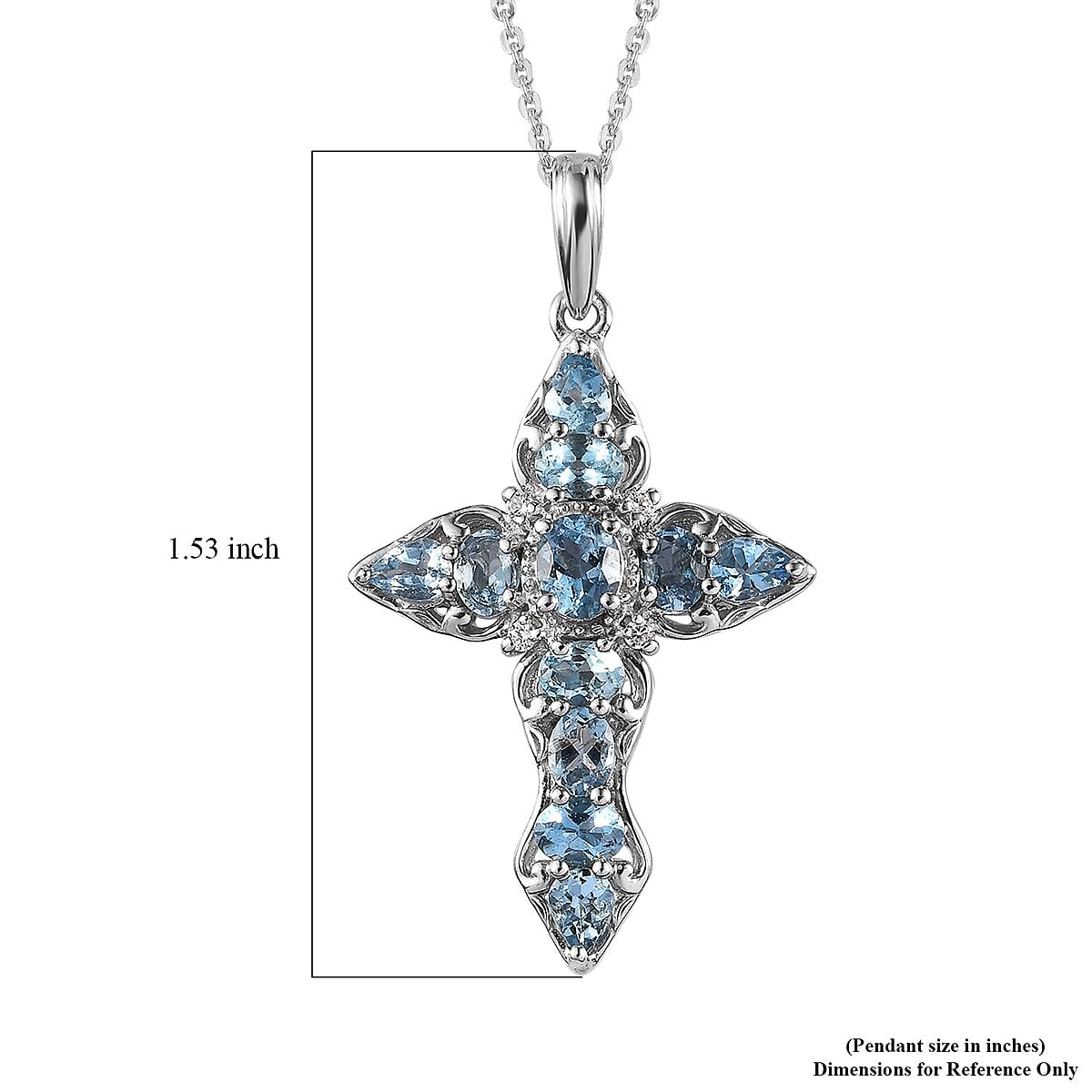 Santa Maria Aquamarine, White Zircon Cross Pendant Necklace (20 Inches) in Platinum Over Sterling Silver image number 6