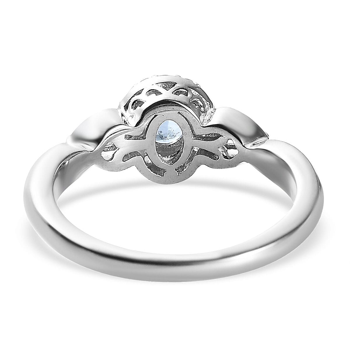 Santa Maria Aquamarine and White Zircon Halo Ring (Size 5.0) and Pendant Necklace 20 Inches in Platinum Over Sterling Silver 1.10 ctw