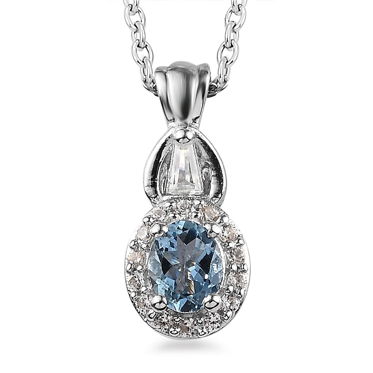Santa Maria Aquamarine and White Zircon Halo Ring (Size 5.0) and Pendant Necklace 20 Inches in Platinum Over Sterling Silver 1.10 ctw