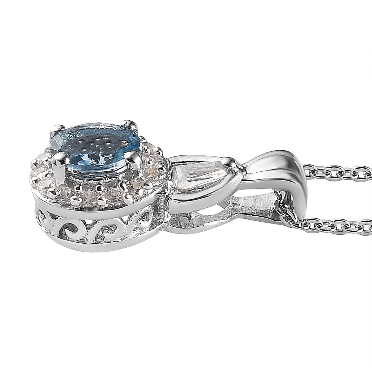Santa Maria Aquamarine and White Zircon Halo Ring (Size 5.0) and Pendant Necklace 20 Inches in Platinum Over Sterling Silver 1.10 ctw