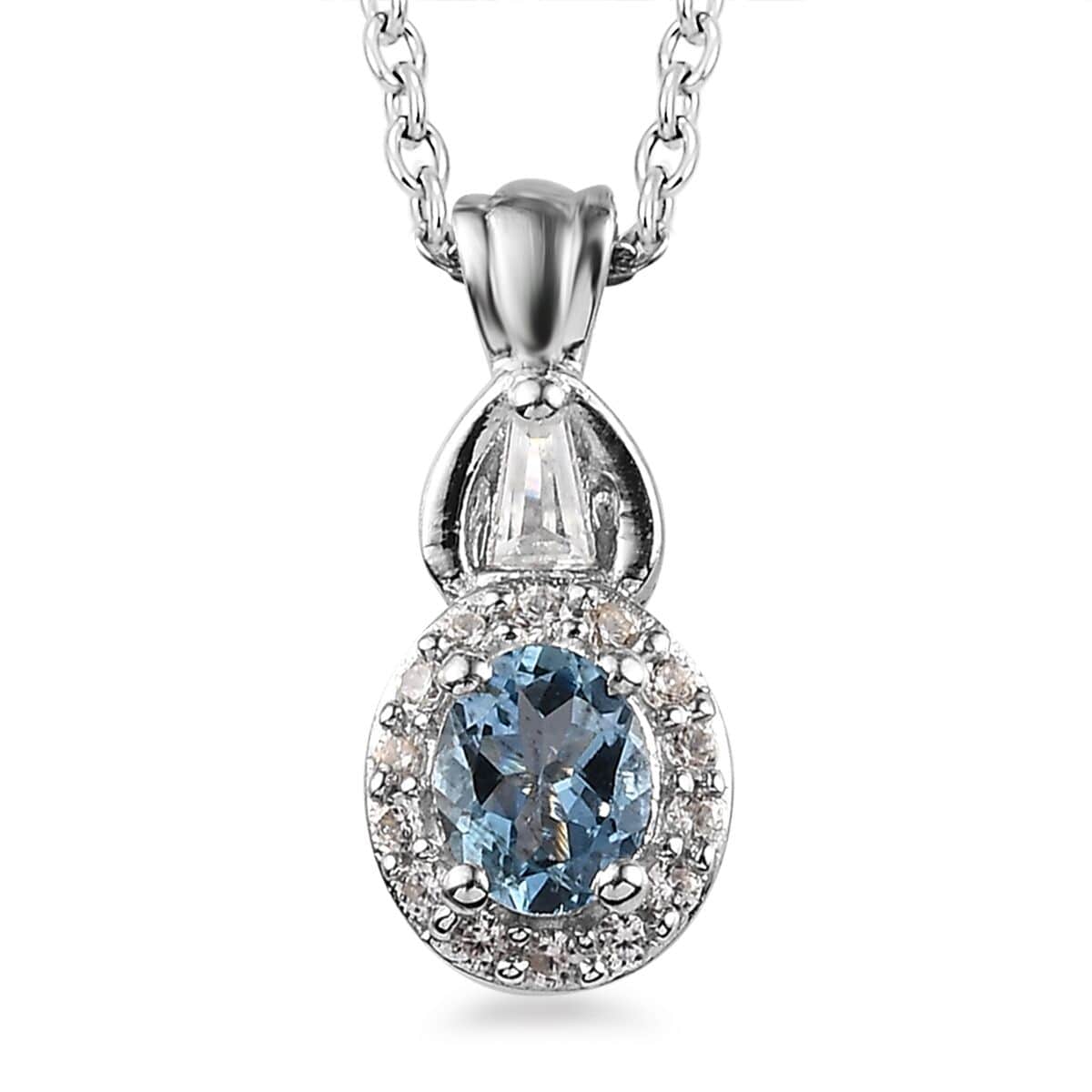 Santa Maria Aquamarine and White Zircon Halo Ring (Size 7.0) and Pendant Necklace 20 Inches in Platinum Over Sterling Silver 1.10 ctw image number 6