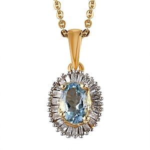 Santa Maria Aquamarine and White Diamond Halo Pendant Necklace 20 Inches in Vermeil Yellow Gold Over Sterling Silver 0.65 ctw
