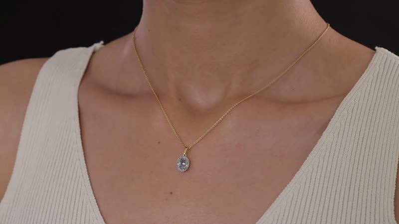 Santa Maria Aquamarine and White Diamond Halo Pendant Necklace 20 Inches in Vermeil Yellow Gold Over Sterling Silver 0.65 ctw