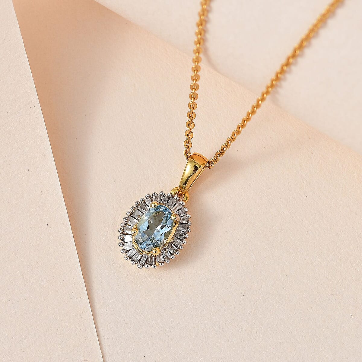 Santa Maria Aquamarine and White Diamond Halo Pendant Necklace 20 Inches in Vermeil Yellow Gold Over Sterling Silver 0.65 ctw image number 1