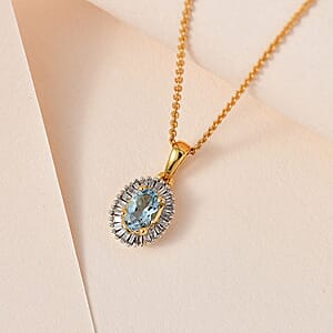 Santa Maria Aquamarine and White Diamond Halo Pendant Necklace 20 Inches in Vermeil Yellow Gold Over Sterling Silver 0.65 ctw