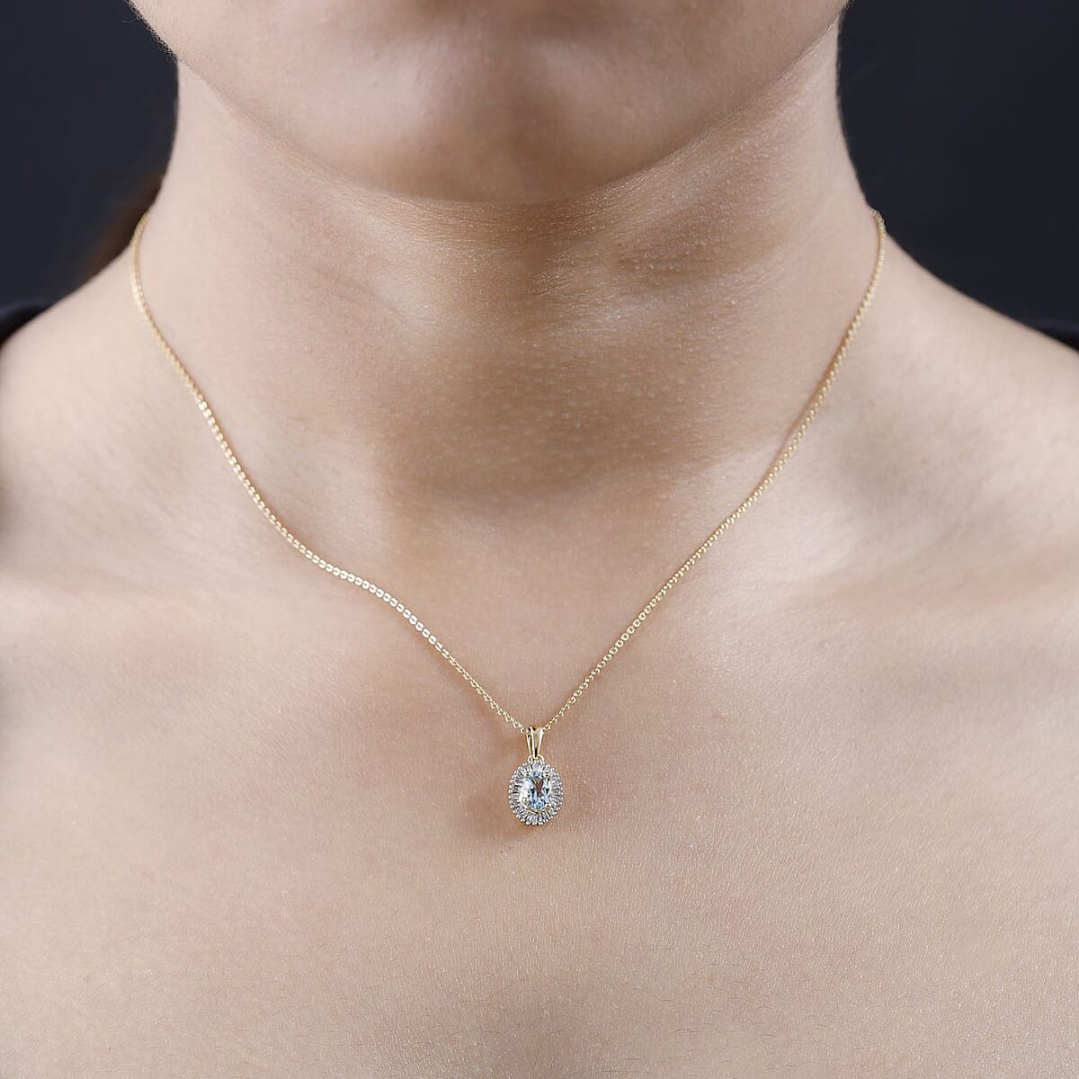 Santa Maria Aquamarine and White Diamond Halo Pendant Necklace 20 Inches in Vermeil Yellow Gold Over Sterling Silver 0.65 ctw image number 2