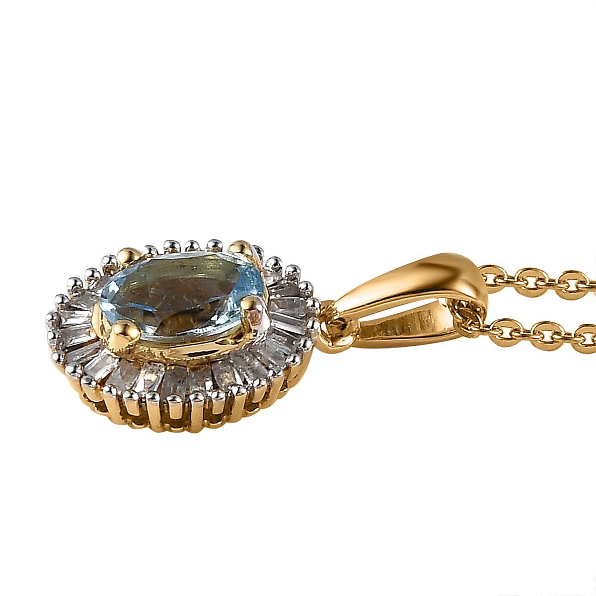 Santa Maria Aquamarine and White Diamond Halo Pendant Necklace 20 Inches in Vermeil Yellow Gold Over Sterling Silver 0.65 ctw image number 3